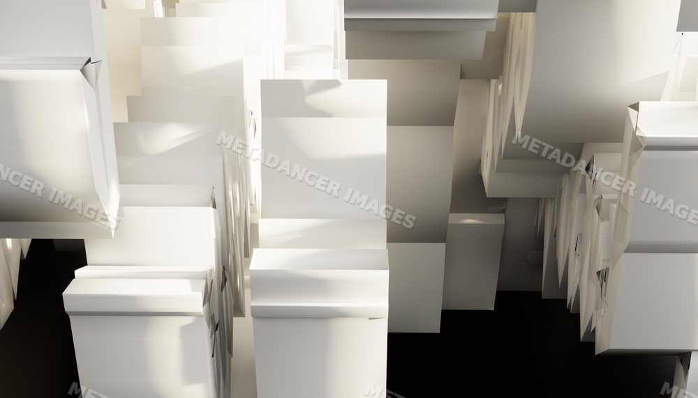 Abstract geometric composition of white stacked cubic shapes