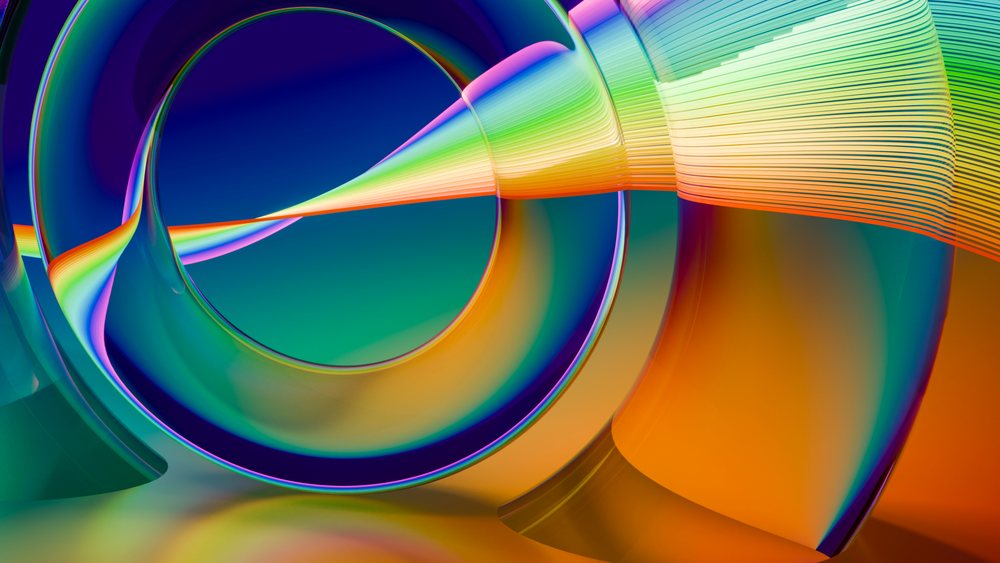 Digital abstract illustration showing swirling rings and ribbons with vibrant color gradients and smooth curves.