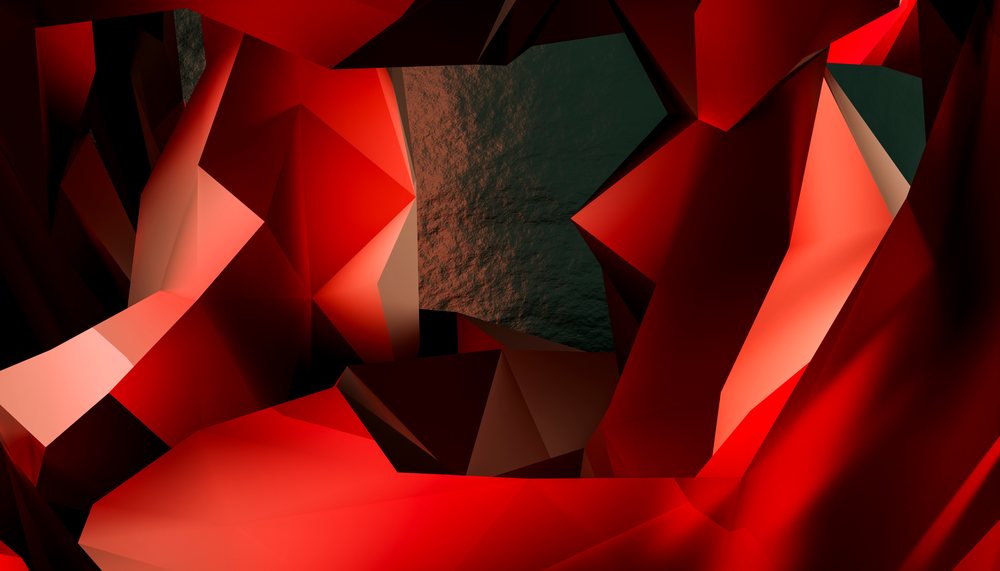 Red low poly abstract polygonal 3d shapes with angular facets and textured dark background.