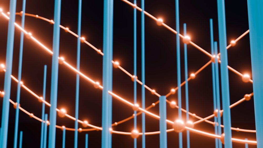 Digital 3D abstract artwork featuring intertwined glowing orange light strands with blue vertical rods on a black background.