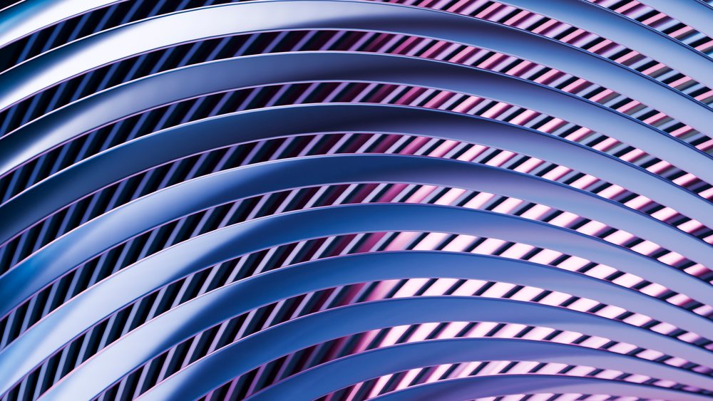 Curved blue metal beams with repeating parallel lines form an abstract geometric pattern against a pink background.