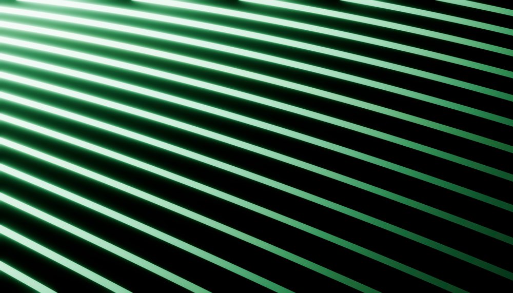 Green neon light bars are arranged diagonally on a dark background forming an abstract glowing pattern.