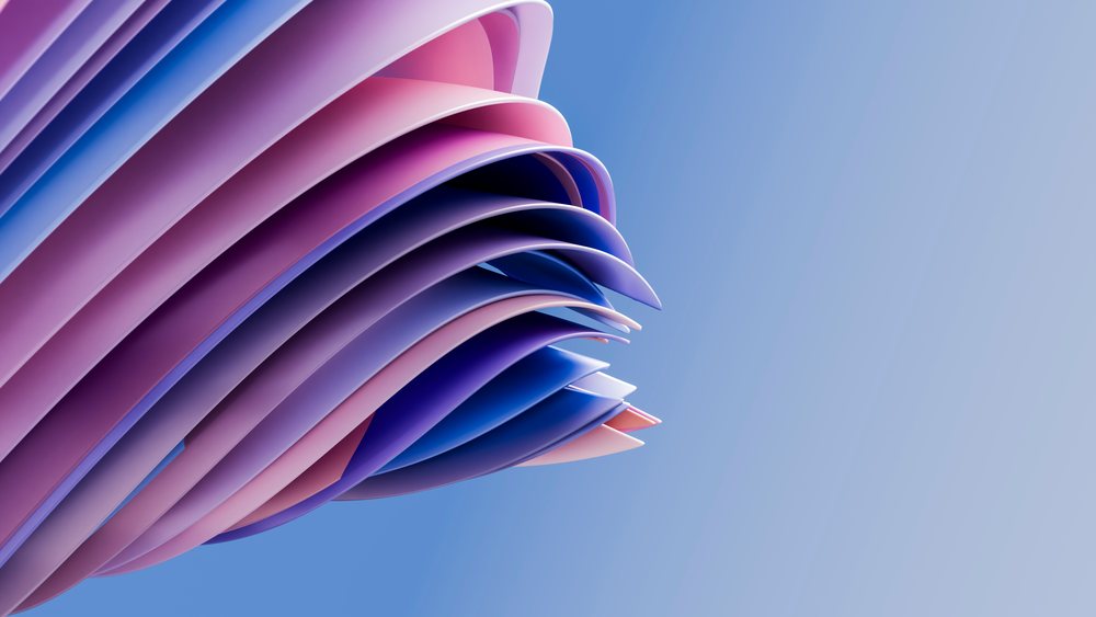 Abstract 3D illustration of overlapping layered curves in purple, blue, and pink with a smooth folded texture on a gradient background.