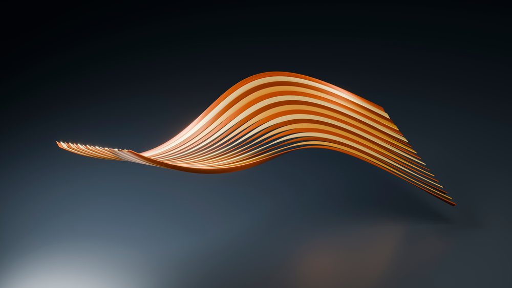 Abstract orange and beige striped wave floating against a smooth dark to light gradient background in a digital 3D illustration.