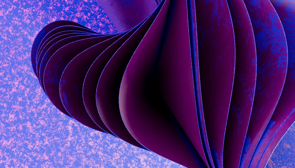 Abstract sculpture made of curved purple panels against a speckled blue background.