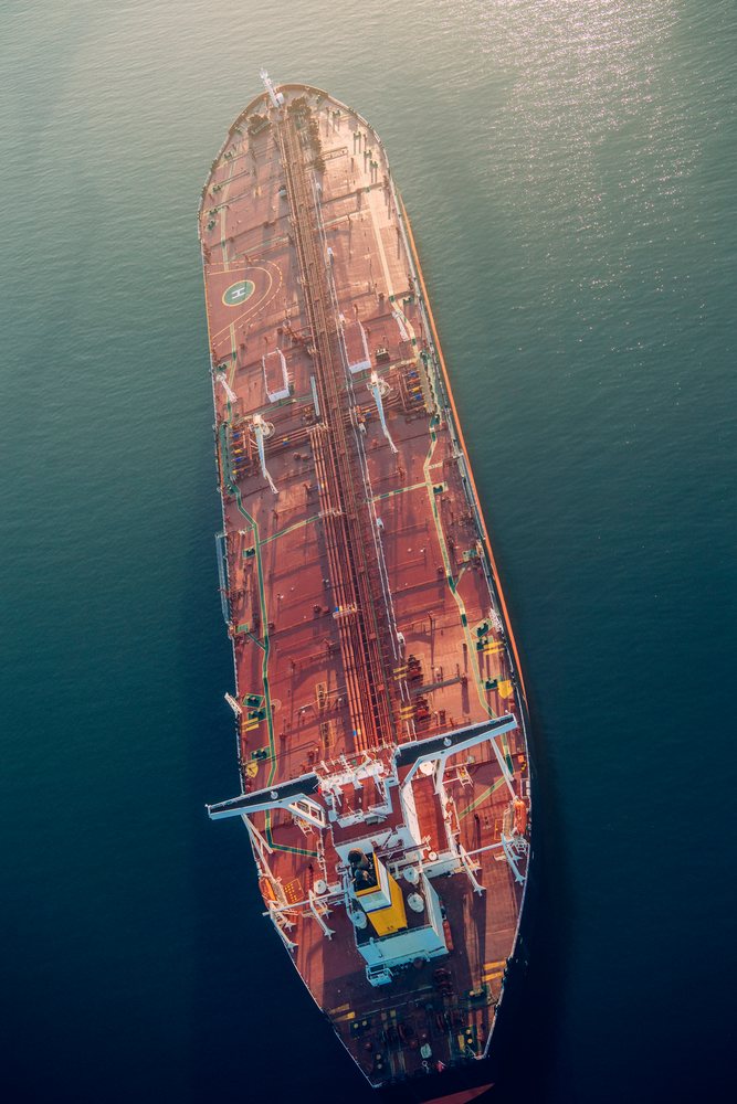 Aerial photograph of a tanker ship in the Port of Long Beach, California, CA, USA.