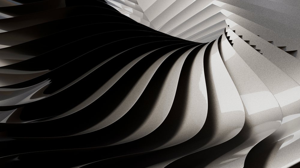 Digital illustration of twisting black and white curved shapes forming a flowing wave pattern with glossy surfaces.