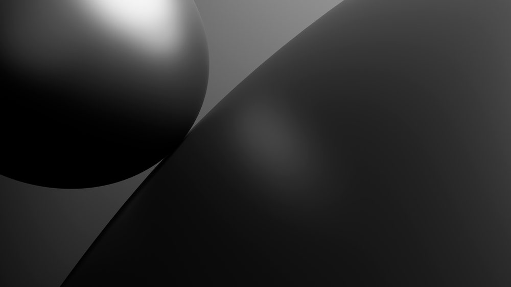 Digital illustration features smooth black curved shapes with reflective highlights against a dark gradient background.