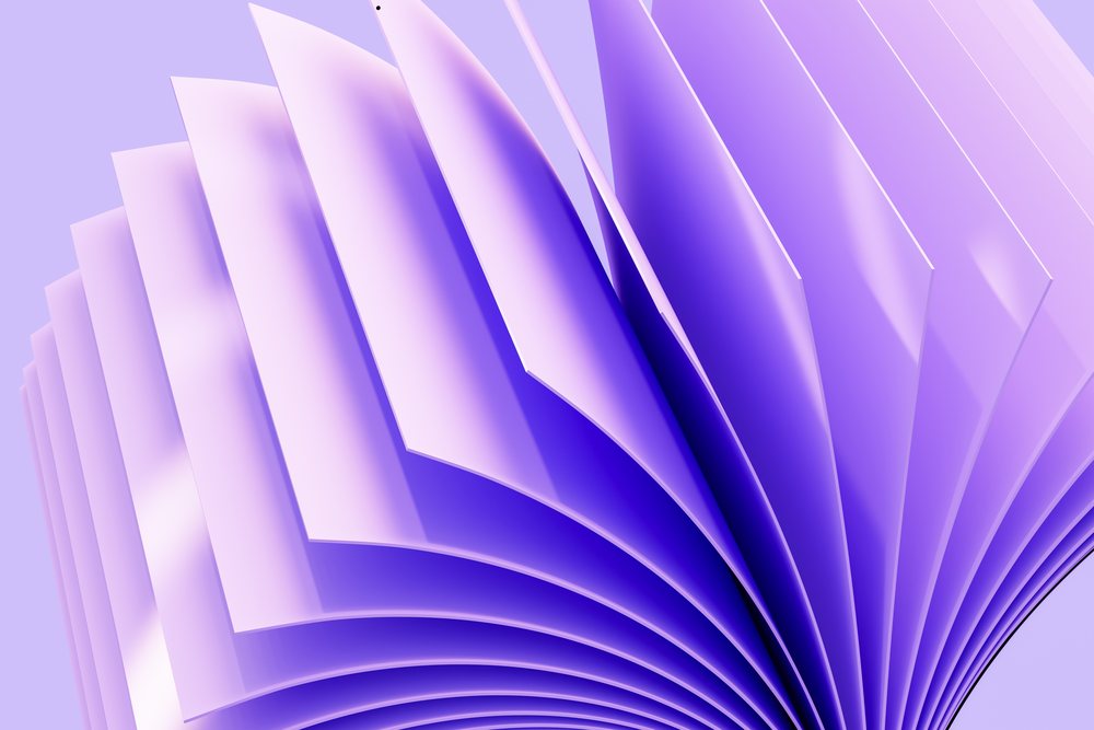 Curved purple paper sheets forming an abstract background with smooth gradients and folded edges.