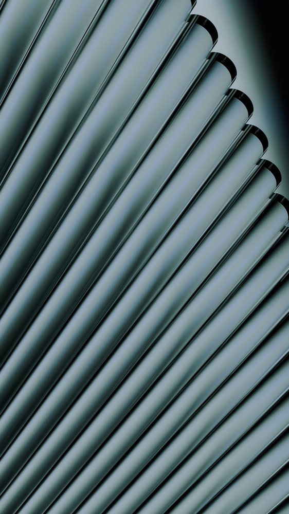 Abstract rendering of reflective metallic tubes arranged in a patterned composition with a dark background.