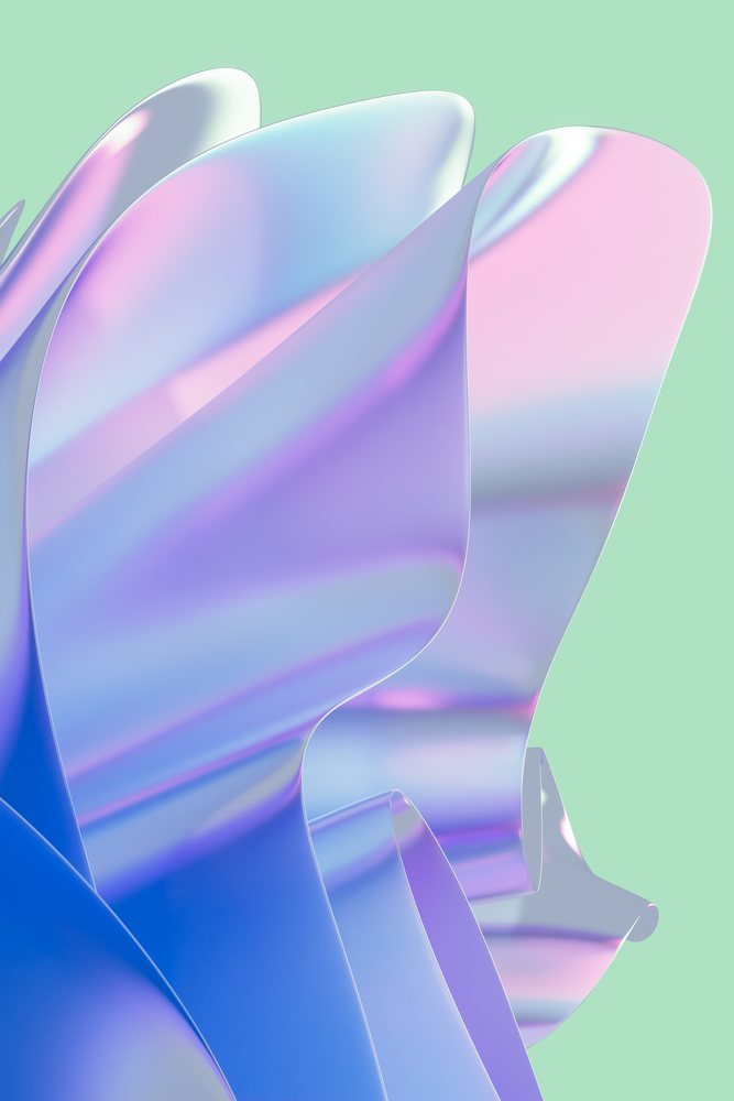 Abstract colorful iridescent shapes with flowing smooth curves on a soft green background.