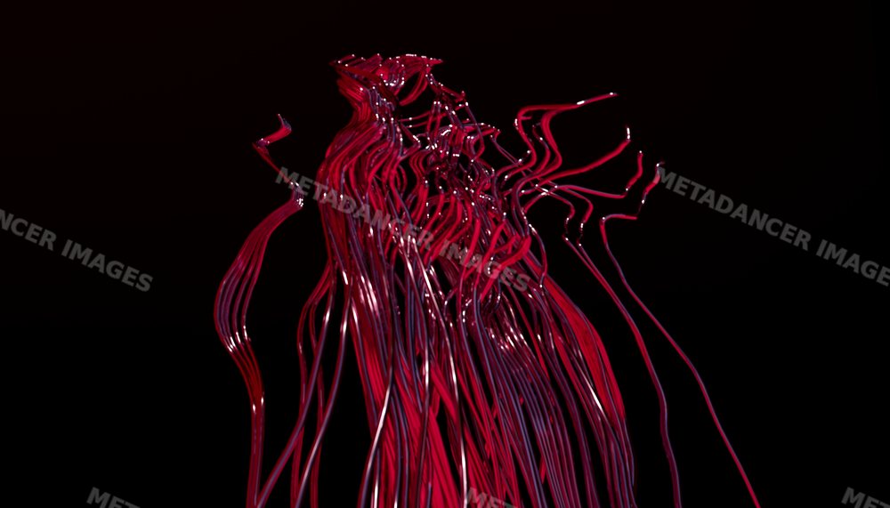 Abstract red wavy lines flow dynamically on dark background