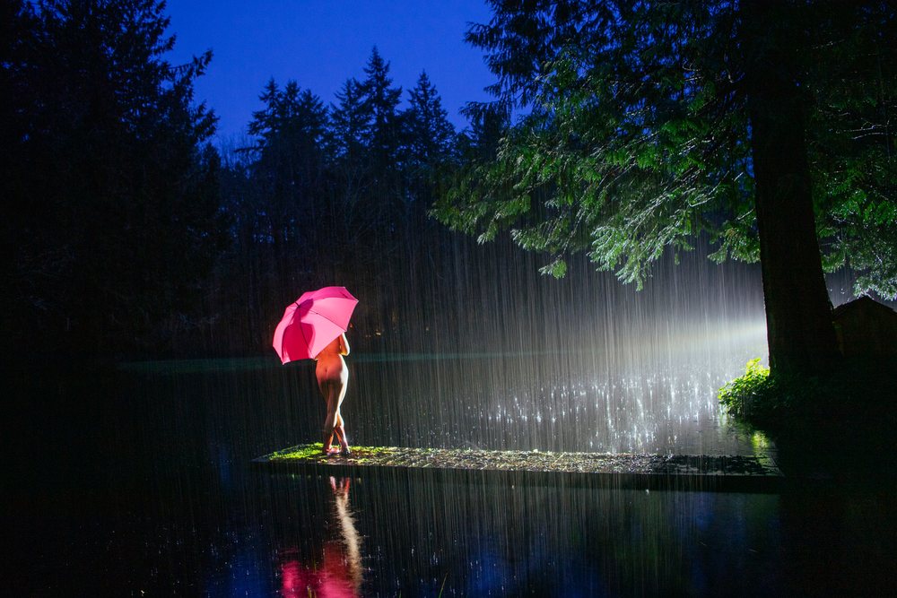 Nude woman stands holding a pink umbrella by a lake at night in the rain, with a large tree nearby and reflections on wet ground, cosplay, nudity, freedom, expression, USA.