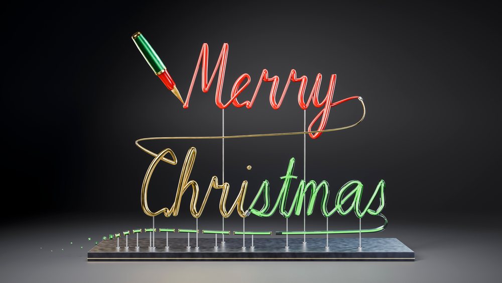 Neon sign spelling merry christmas with pen tip on dark background.