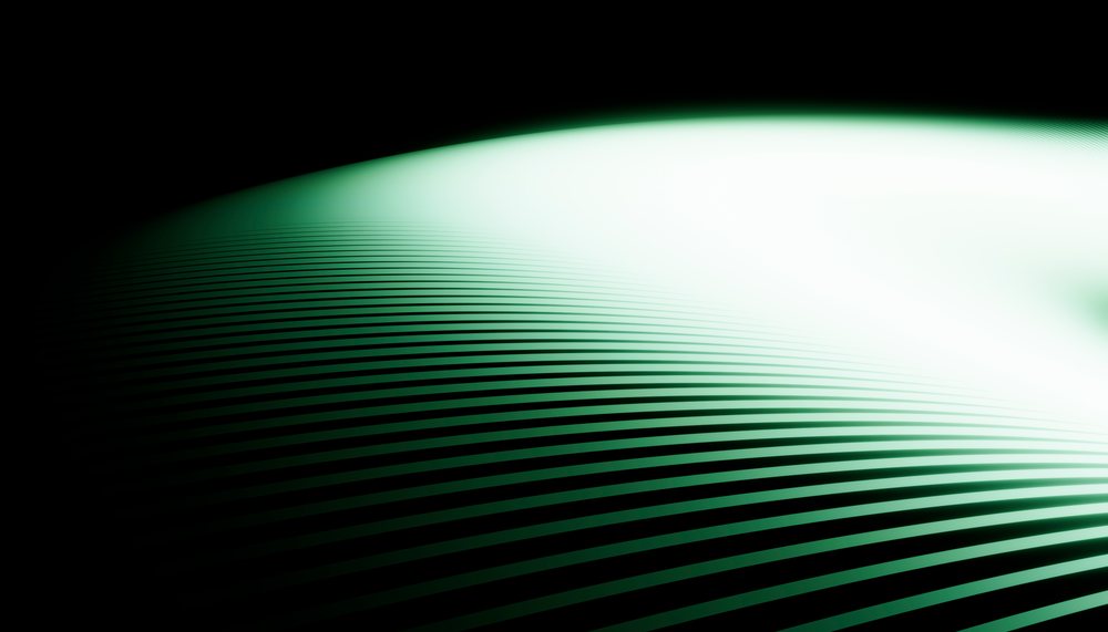 Glowing green curved wave pattern with gradient on a dark black background.