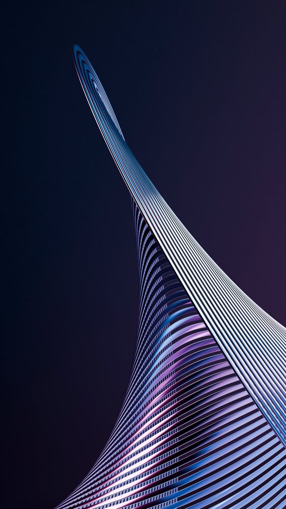 Abstract twisting metal sculpture with blue and purple illumination against a dark background in a digital art style.