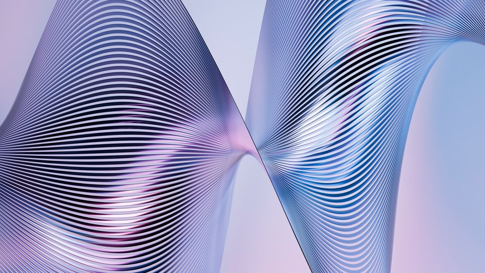 Digital abstract illustration of symmetrical flowing curved lines in blue and purple gradient wave patterns.