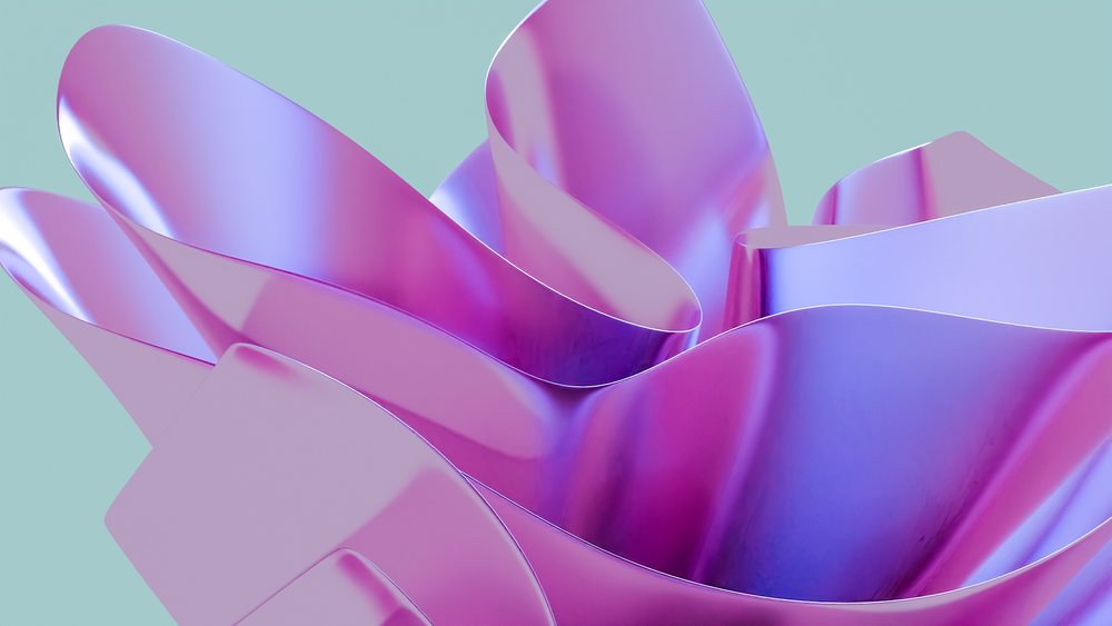 Abstract render featuring smooth, flowing purple and pink metallic curved shapes on a light blue background.