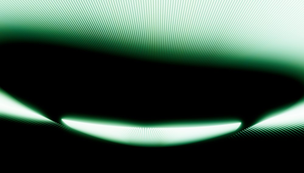 Abstract green glowing curved lines forming a wave pattern on a dark background with dynamic light flow effects.