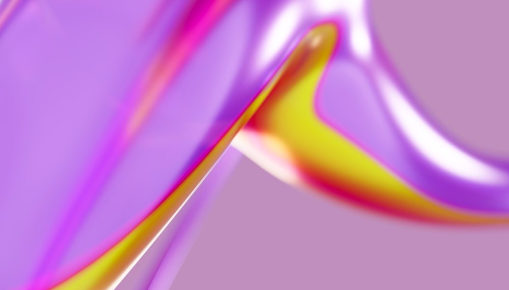 Abstract smooth fluid shape with vibrant purple, yellow, and pink colors on a glossy purple background.