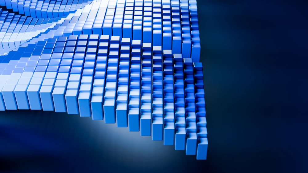 3D blue cubes stacked in a geometric pattern with gradient lighting in a modern digital abstract design.