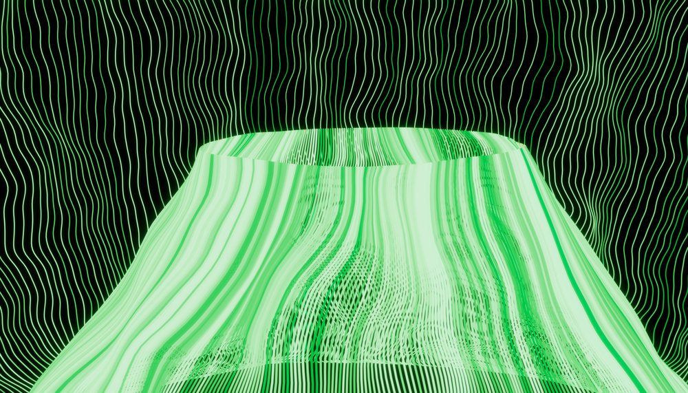 Green glowing abstract 3D digital sculpture with vertical wavy lines on a dark background.