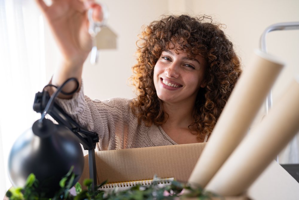 Woman with curly brown hair holding house keys and a cardboard box containing a notebook indoors during moving, Spain.