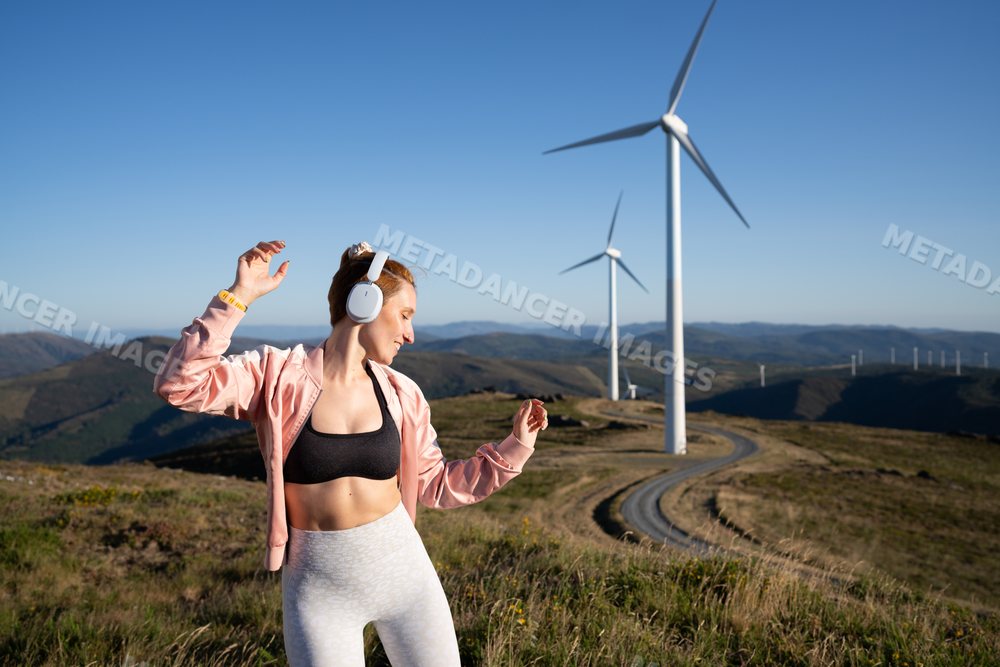 A young white woman enjoying music and dancing by wind turbines
