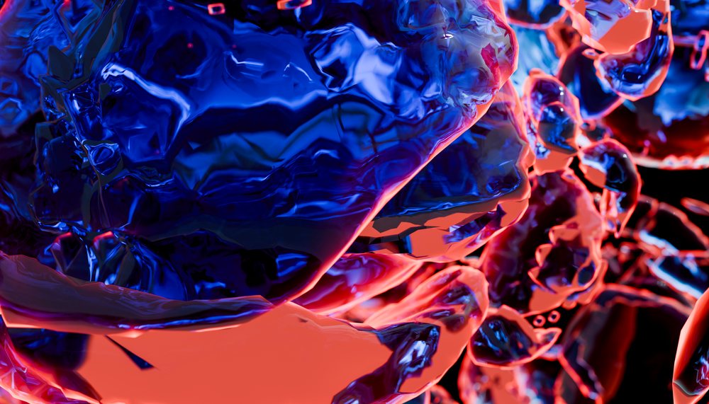 Abstract composition of blue and red glass shards with reflective surfaces and glowing edges under dramatic lighting.