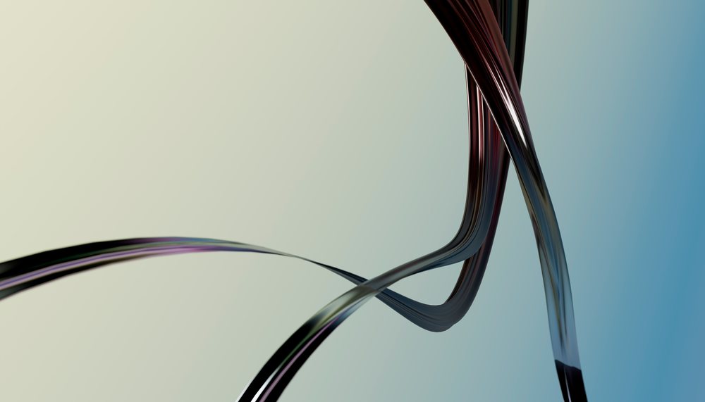 Abstract curved metallic ribbons flowing against a smooth gradient background in a digital artwork composition.