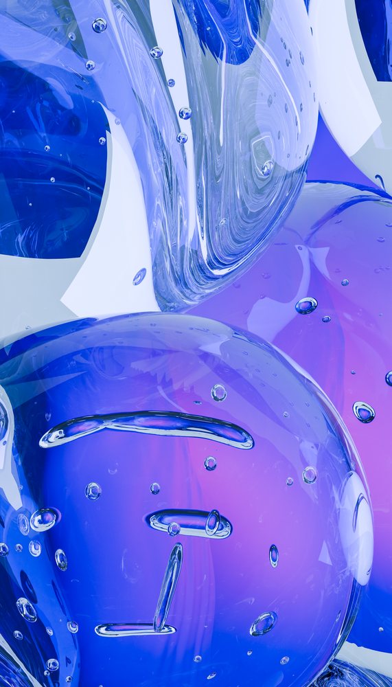 Abstract blue and purple translucent glass bubbles with water droplet textures and reflective surfaces.