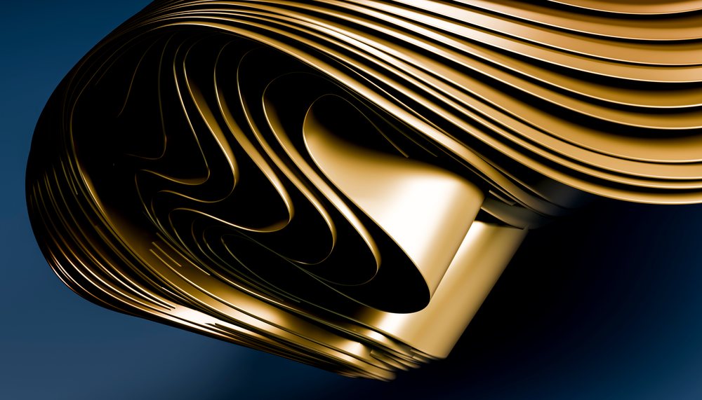 Abstract gold metallic sculpture with smooth curved layers and reflective shiny surfaces against a dark blue background under studio lighting.