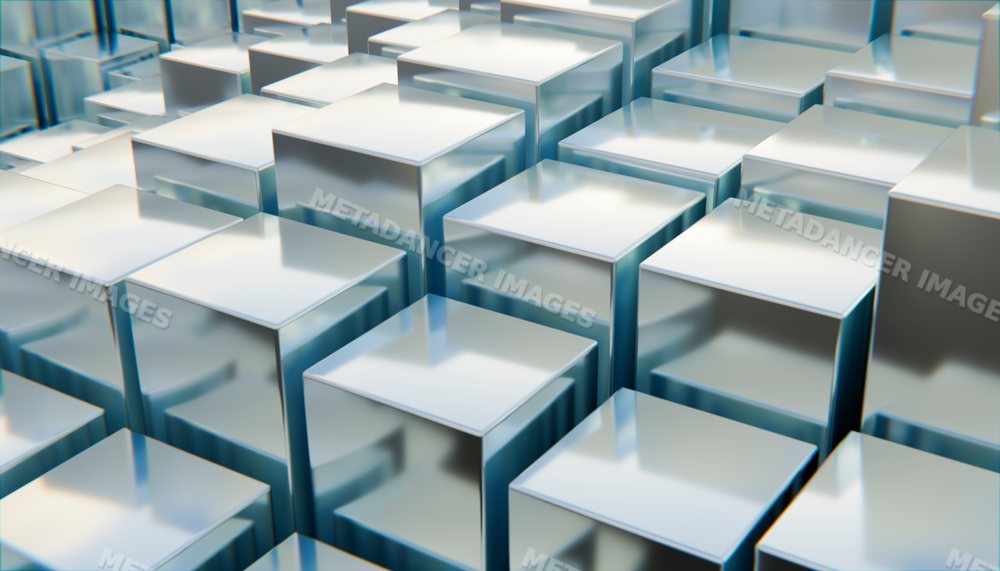 Close-up of shiny reflective metal cubes arranged in geometric pattern