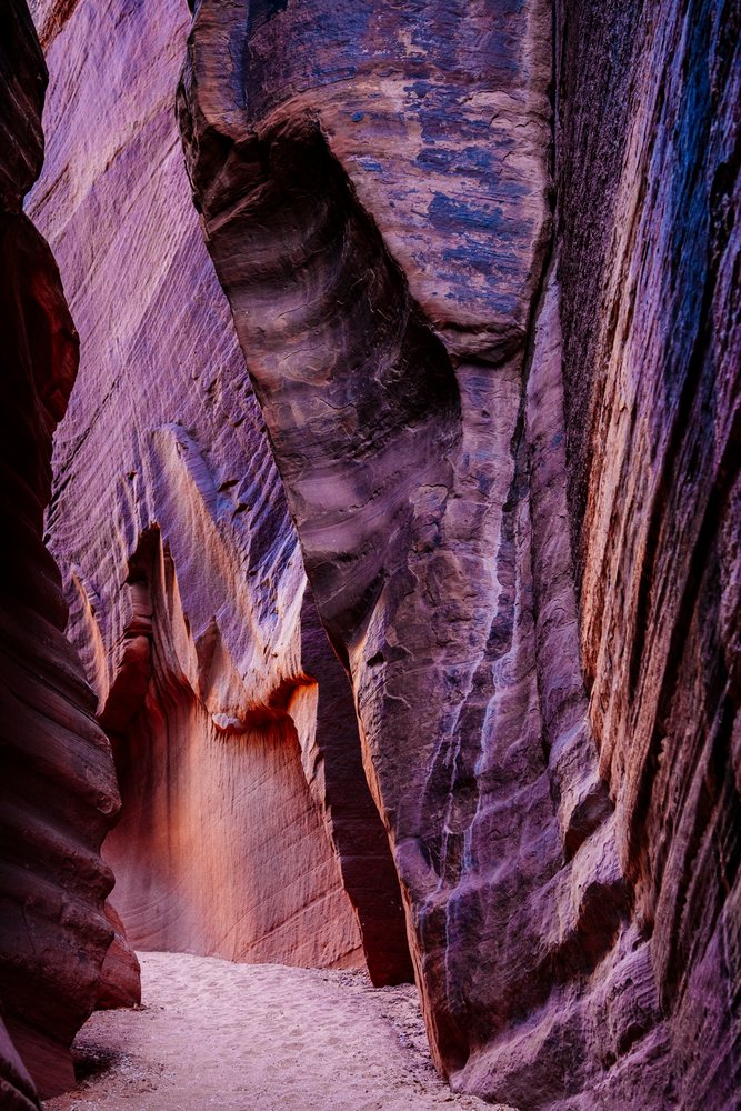 Narrow sandy trail winds through Buckskin Gulch slot canyon with towering layered rock walls, Utah, USA.