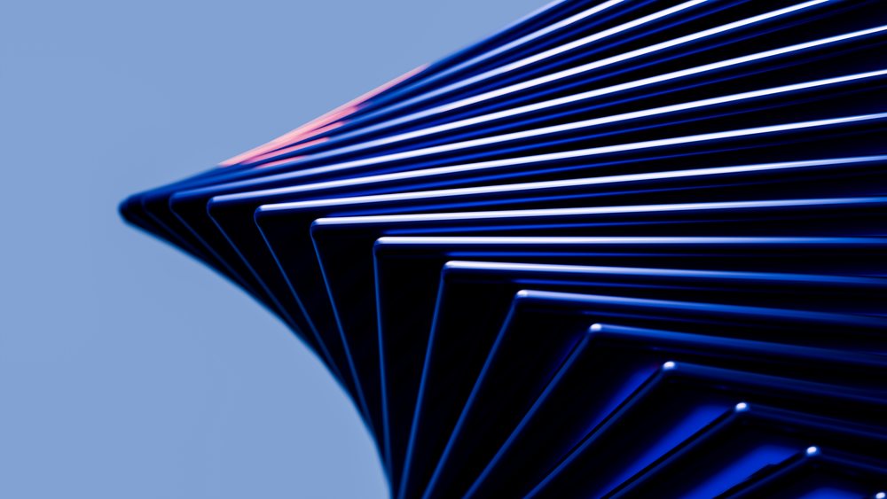 Abstract blue curved lines form a dynamic geometric pattern on a smooth gradient background in a digital illustration.