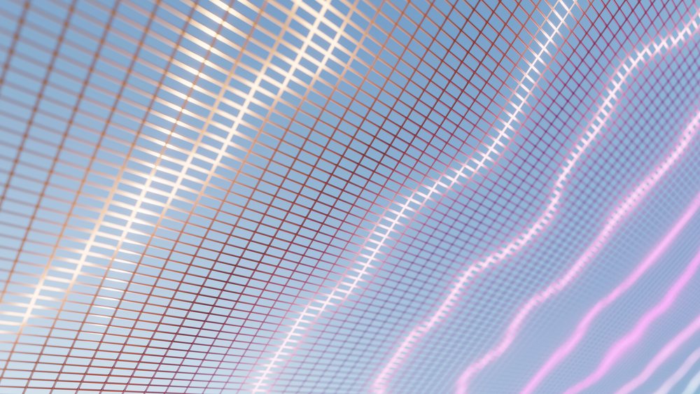 Curved digital grid with colorful wave lines and mesh on a blue background.
