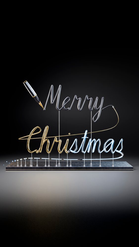 Wire sculpture spelling "Merry Christmas" with a calligraphy pen, mounted on a flat base against a dark gradient background.