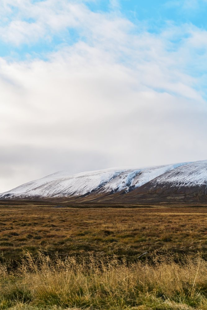 A snowy mountain rises above a vast grassland under a partly cloudy sky, Iceland.