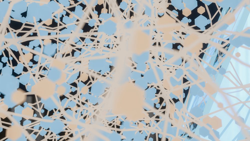 Abstract geometric 3D digital network of interconnected blue and beige hexagons linked by beige lines in a complex pattern.