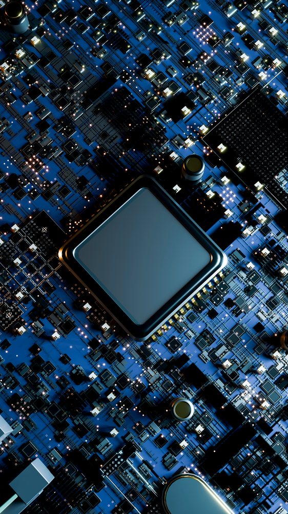 Close-up of a microchip on a blue printed circuit board.