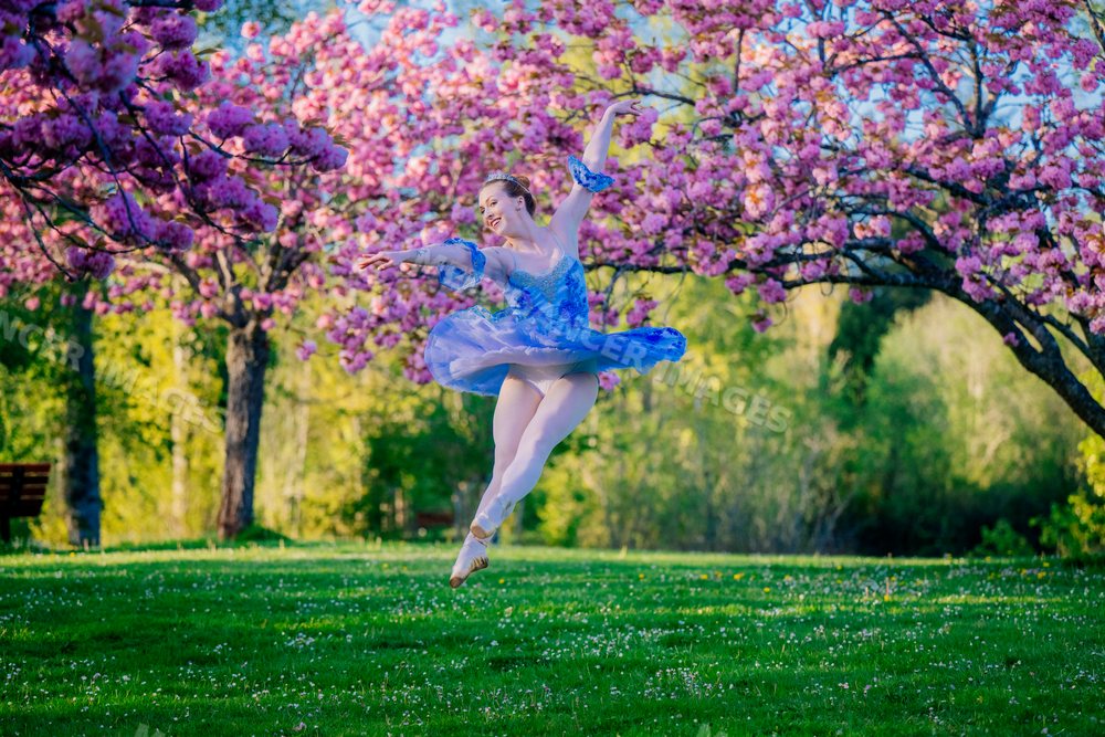 A ballerina in a blue costume leaps gracefully