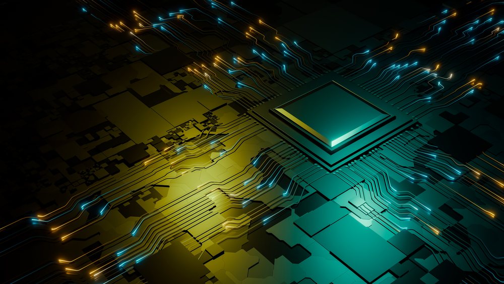 Microchip on an abstract rendered circuit board with glowing blue and orange digital lines.