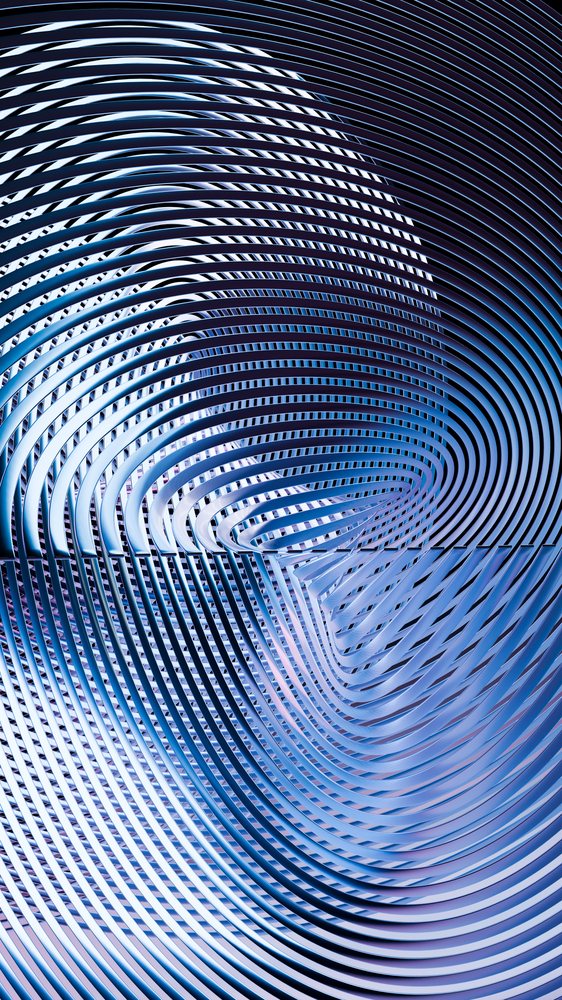 Abstract 3D digital art depicting concentric curved lines forming a spiral with blue metallic gradient and reflective texture.
