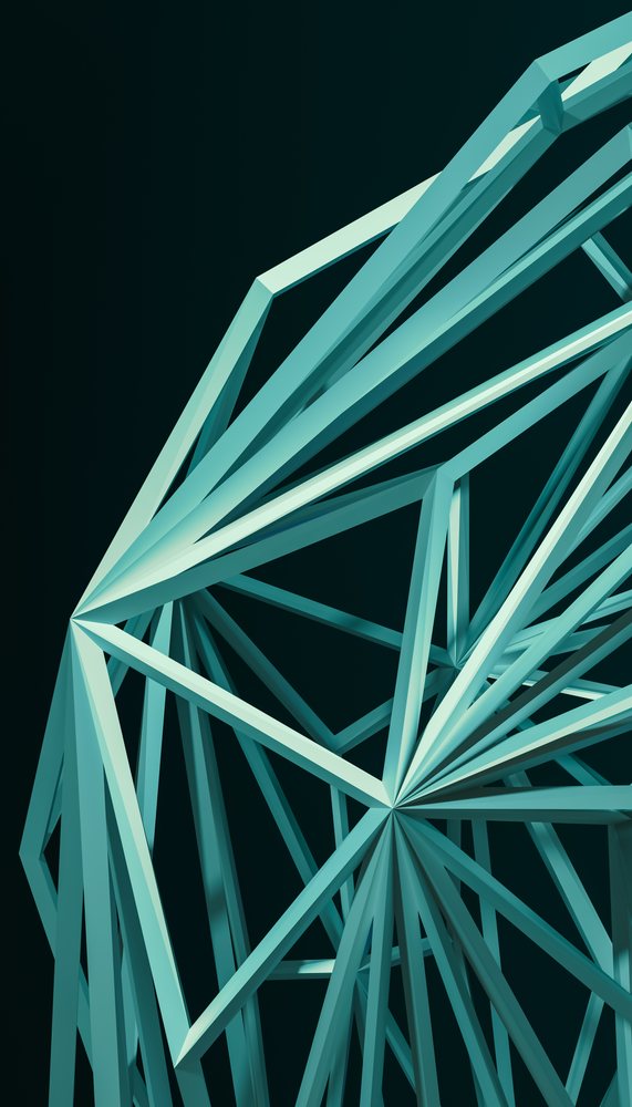 Abstract 3D green polygonal geometric structure composed of connected triangular shapes on a dark background.