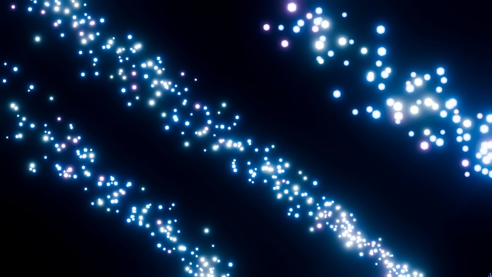 Glowing blue and white particles cluster against a dark background in an abstract digital illustration.
