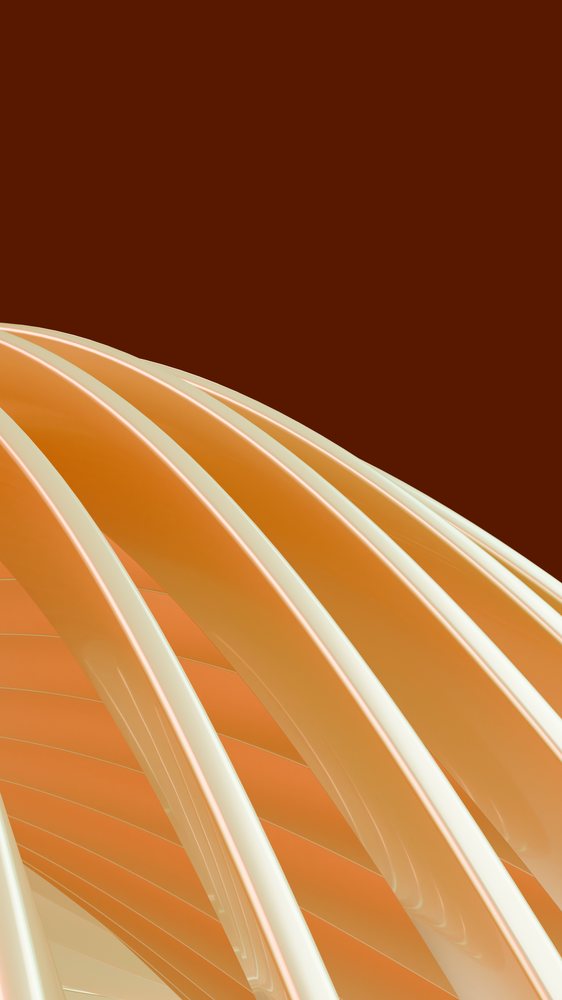 Digital abstract illustration featuring flowing orange curved arches with glossy stripes on a smooth brown background.