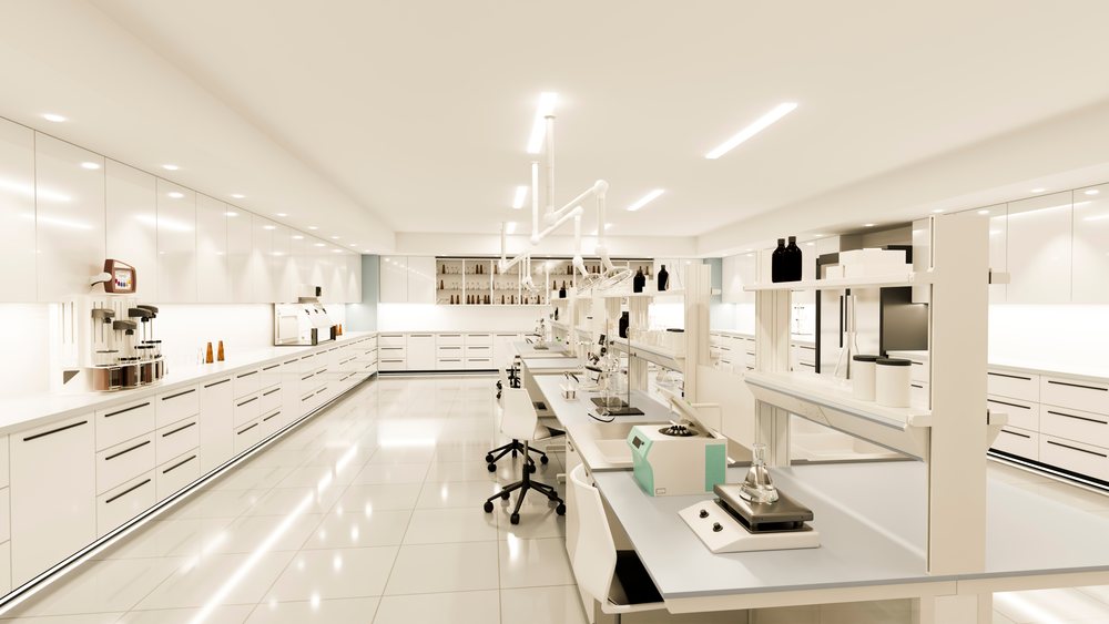 Bright modern laboratory with white workbenches, scientific instruments, multiple microscopes, flasks, bottles on shelves, and white chairs for seating.