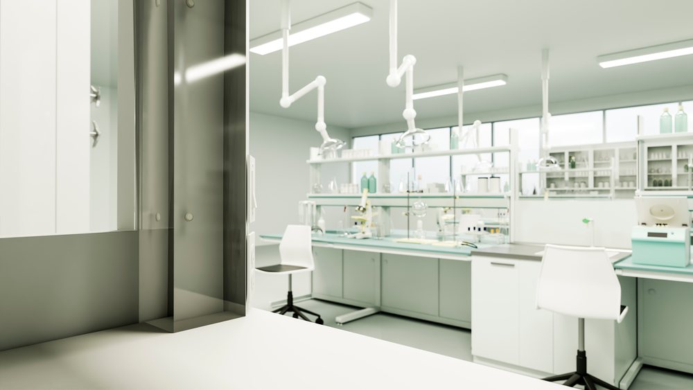 Sterile laboratory workspace featuring microscopes, glass bottles, scientific glassware, and equipment arranged on shelves and tables.