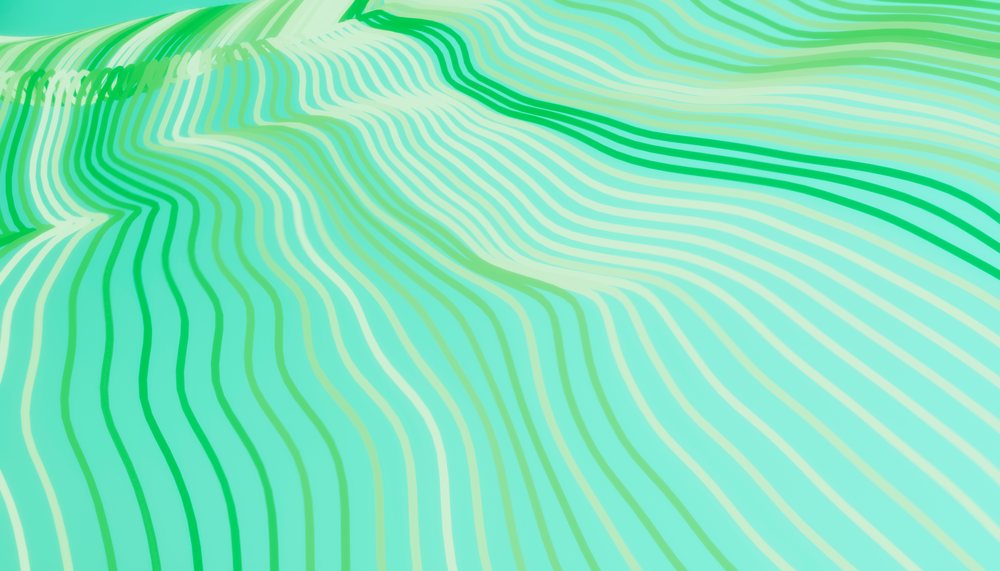 Abstract flowing pattern of green and light blue stripes with smooth, wavy, dynamic curves.