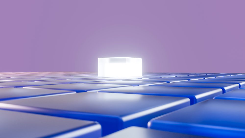 Glowing cube emits white light on a smooth grid of reflective blue square tiles against a purple gradient background.